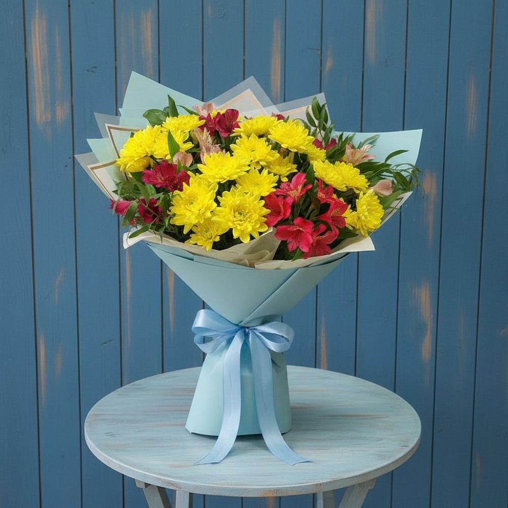 Букет цветов из: Альстромерии и Хризантемы в Тюльган