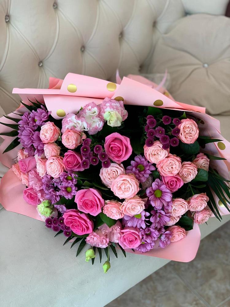 Букет цветов из: Хризантемы, Розы и Лизиантусы в Тюльган