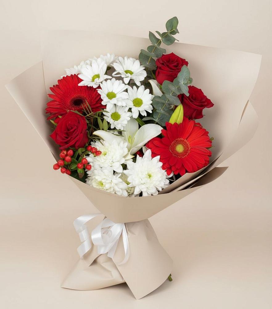 Букет цветов из: Розы, Хризантемы, Герберы и Лилии в Тюльган