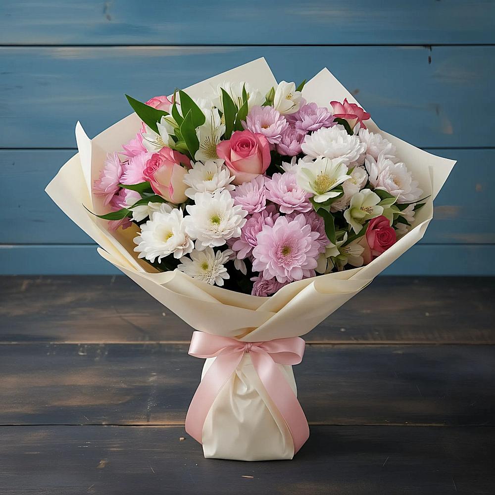 Букет цветов из: Хризантемы, Альстромерии и Розы в Тюльган